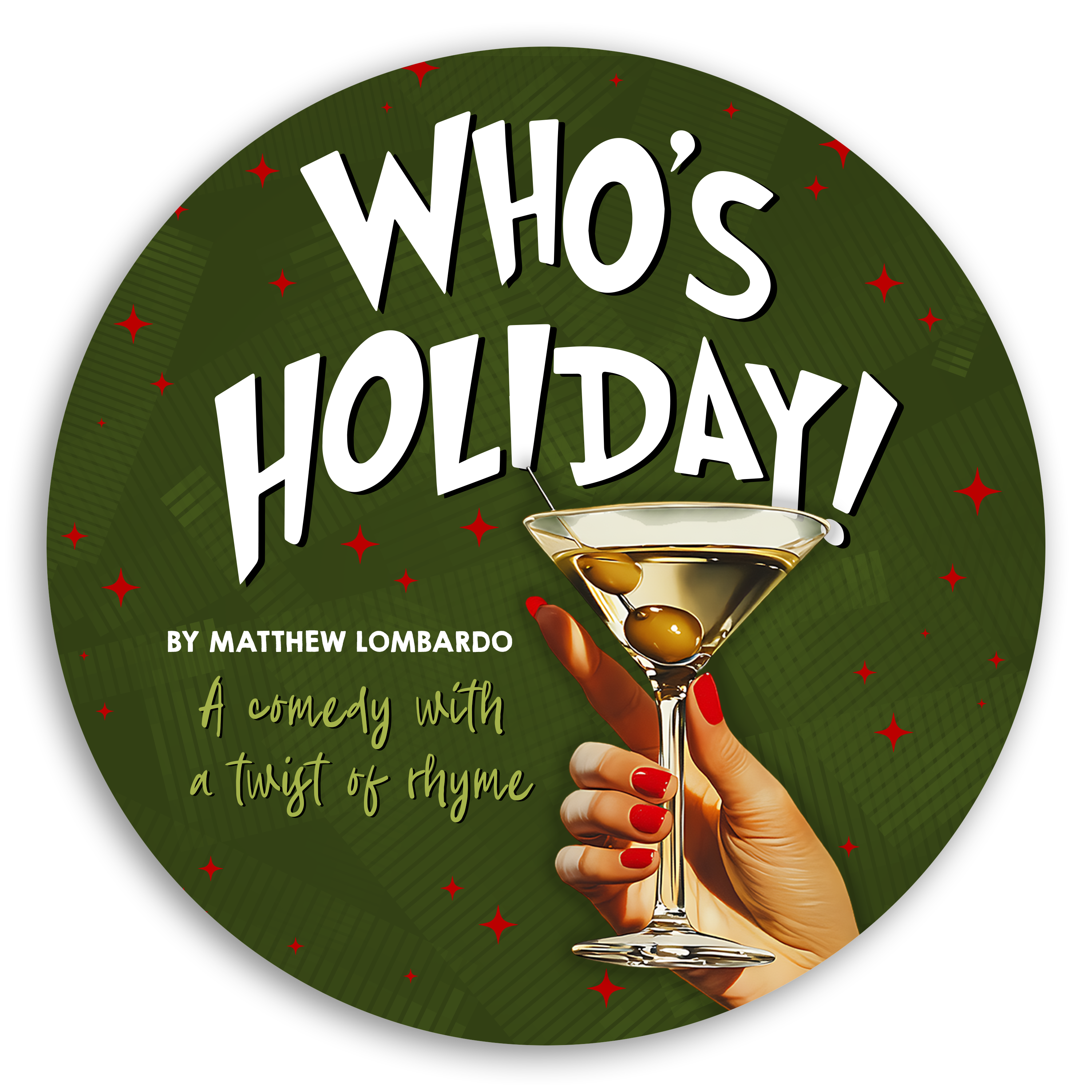 A hand with painted nails holds a cocktail glass containing a dirty martini with 2 olives on a toothpick.
