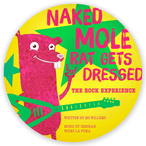 Naked mole rat makes the Rock On sign with his hand while holding a guitar with a star in the background.
