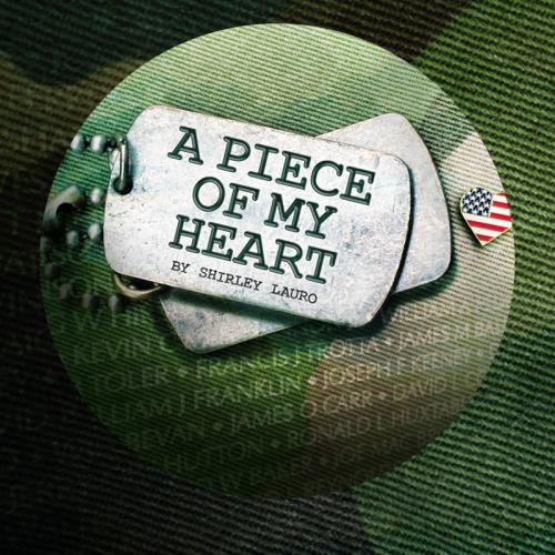 2 military dog tags in front of the bakground image of the Vietnam Wall and a heart made out of the American flag.