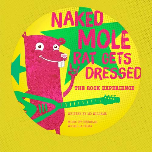 Naked mole rat makes the Rock On sign with his hand while holding a guitar with a star in the background.